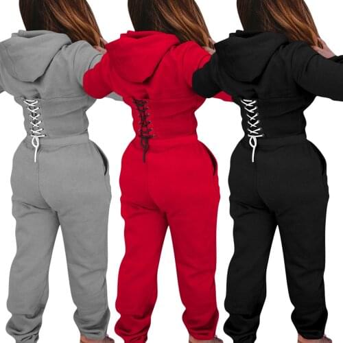 Women Thicken Back Bandage Sweatshirt Winter Tracksuit Straight Sweatpants Patchwork Loose Hoodies Two Piece Outfits for Women