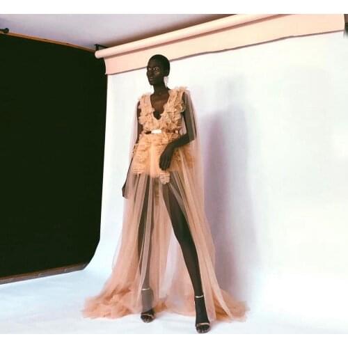 Champagne Sexy Deep V-Neck Women Dress Tulle Ruffle Mini Dress Rompers Sleeveless Summer Dresses Custom Made