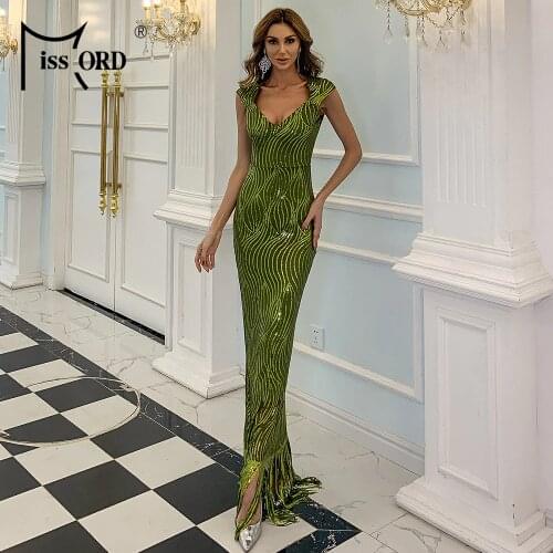 Missord Sexy Deep V Long Sleeveless Bodycon Dresses Elegant Spaghetti Strap Sequins Tassel Maxi Evening Party Dress M0912