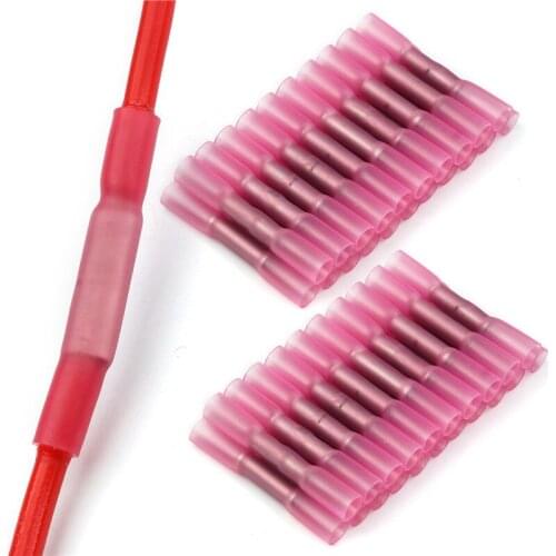 50pcs AWG 22-18 Electrical Wire Terminal Heat Shrink Butt Crimp Terminals Red Waterproof Insulated Seal Wire Connectors