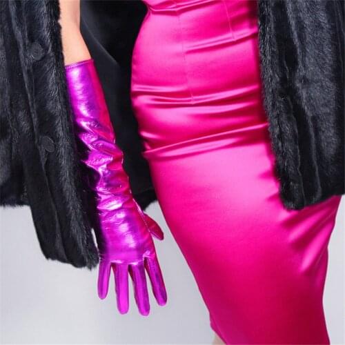Patent Leather Long Gloves 40cm Long Section Elbow Simulation Leather High Elasticity PU Bright Leather Bright Purple Red QPZH40