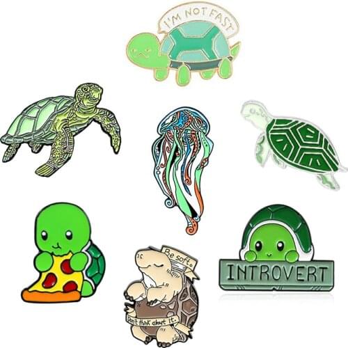 Tortoises sea turtle jellyfish Enamel Brooch marine animal Green Lapel Pin Cartoon animal banner Custom Badge Friends gifts