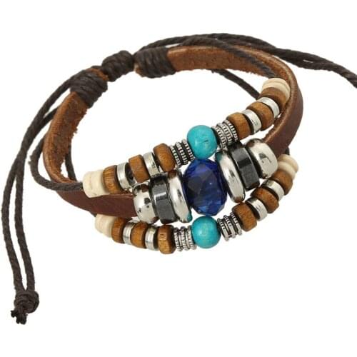 Korea Style Jewelry Accessories Beaded Wrap Leather Bracelet Bangle For Women Men Jewelry Metal Wooden Beads Charms Braided Rope