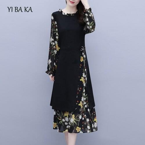 L-5XL plus size women chiffon patchwork dress autumn 2020 elegant vintage long sleeve o neck floral print fashion long dresses