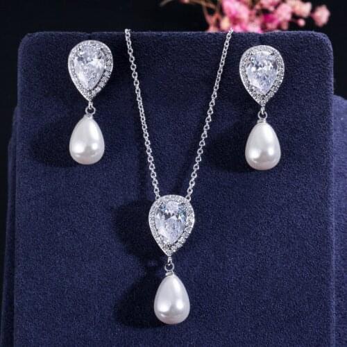 LuckyShine 2 Pcs Elegant Women Set CZ Pearl Drop Earrings Pendant Necklace Silver Fashion Bridal Jewelry Set With Chain