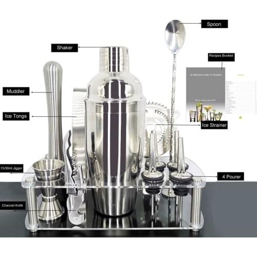 Cocktail Shaker 550/750ml Stainless Steel Set Bartender Kit, Muddler, Spoon, jigger, 4 pourers, Martini Mixer Recipes Booklet