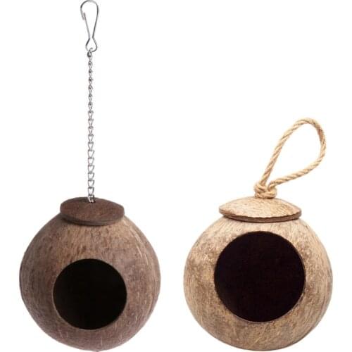 Natural Coconut Shell Bird Nest House Hut Cage Feeder Toy with Hanging Lanyard for Pet Parrot Budgie