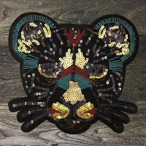 The New 3D Large Gold Sequin Tiger HeadPatch DIY Patchesfor Clothes Sew on Embroidered Jacket Decoration Applique Accessories