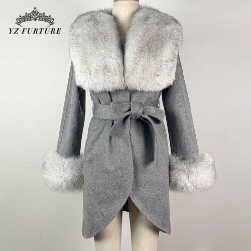 2021 New Women 90cm Long Real Fox Fur Collar Cashmere Woolen Cloth Ladies Spring Slim Gray Woolen Elegant Fashion Outer Clothing