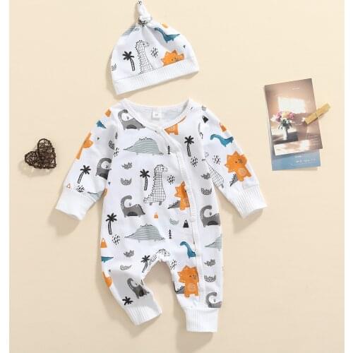 Newborn Casual Cotton Baby Boys Long Sleeve Romper with Cap White Dinosaur Printed Pattern Button-down Overalls