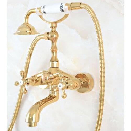 Luxury Telephone Shower Set Polished Gold Finish Wall Mounted Elegant Shower Faucet Hot and Cold Double Handle zna804