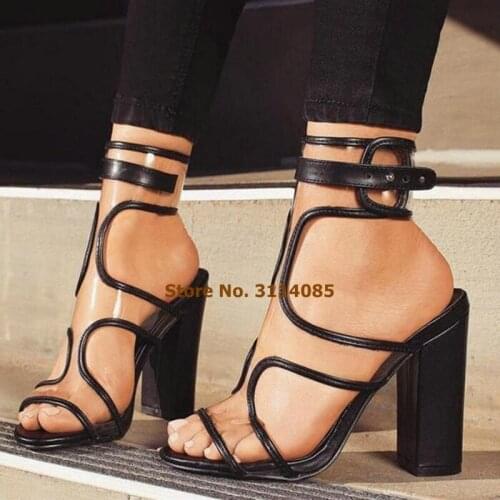 Women Black Gold Chunky Heels Gladiator Sandals Clear PVC Criss Cross Strap Dress Shoes Thick Heels Banquet Shoes Pumps Dropship
