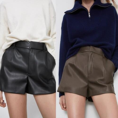 Za 2020 Fashion Womens Shorts Vintage PU Leather Shorts High Waist Undefined Drapped Trousers Female Office Wear Shorts