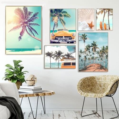 Nordic poster seaside coconut tree starfish surfboard wall art oil painting and printing wall painting living room home decorati