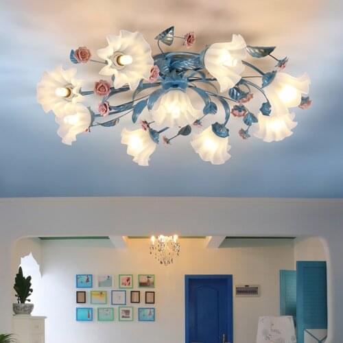 Mediterranean Ocean Blue Ceiling Lamp Metal Alloy Flower Lights for Living Room Bedroom Glass Lamp Shade Ceiling Chandelier D119