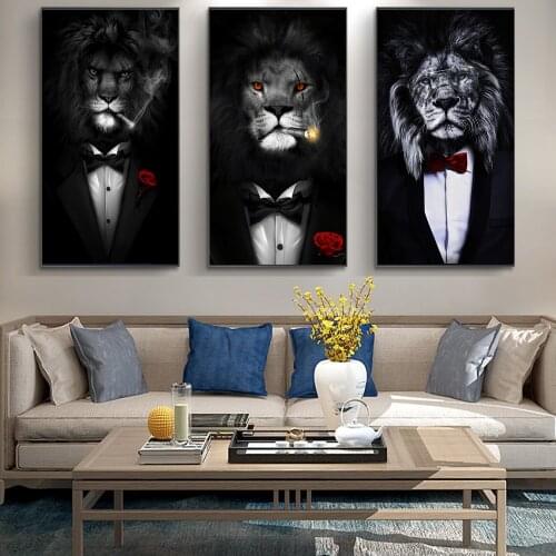 Tiger Lion In A Suit Rose Smoking Art Canvas Print Painting Gentleman Animal Wall Picture Living Room Home Decoration Poster