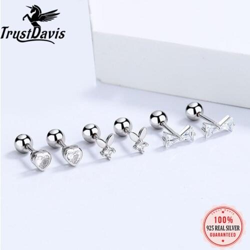 TrustDavis Real 925 Sterling Silver Fashion Heart Bowknot Rabbit CZ Screw Earrings For Women Wedding Party Fine Jewelry DB1433