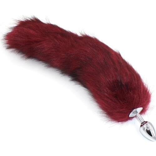 Wine Red Artificial Fox Tail Plush Fur With Metal Anal plug 40cm Long Butt Anal Sex Toys Fox cosplay Role Play Drop Shipping