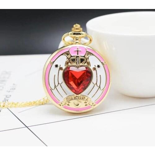 Vintage Japan Anime Sailor Moon Pocket Watch Pendant With Diamond Gold Fob Quartz Clock Chain Necklace Cute Gift For Woman Gift