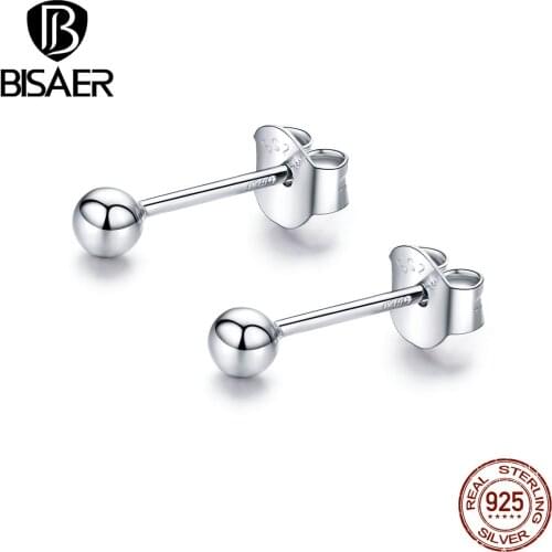 BISAER Round brincos 925 Sterling Silver 2019 Small Circle Simple Coin Stud Earrings for Women Sterling Silver Jewelry ECE581