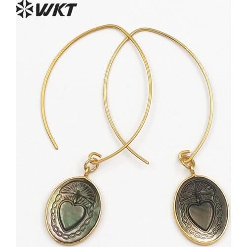 WT-E455 Metal Earwire With Gold Bezel Natural Sea Shell Briolette Earring Mysterious Pattern Women Bohemia Dangle Earring