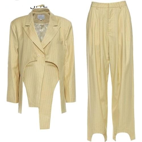 Patchwork Casual Two Piece Set for Women Lapel Collar Long Sleeve Coats High Waist Straight Pants Solid Female 2021Spring Autumn