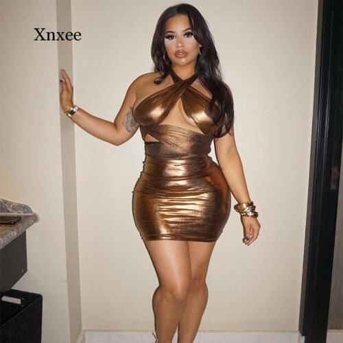 Metallic Pu Leather Woman Summer Dress 2021 Sexy Club Outfits Hollow Out Backless Halter Bandage Mini Dresses Bodycon Clothing