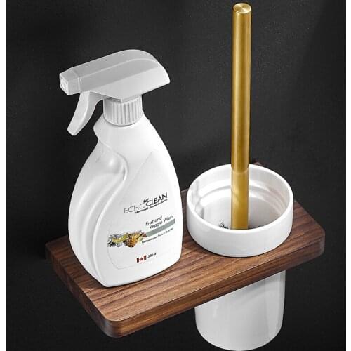 Aluminum & Walnut Toilet Brush Holder/Rack Set With Ceramic Cup Wall Mounted Nail Punched Bathroom Clean Tool Agent Shelf