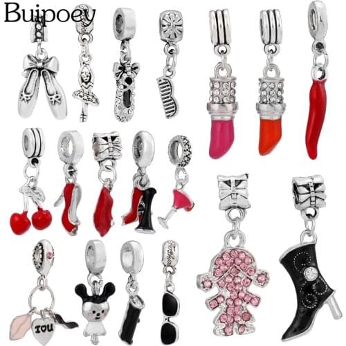 Buipoey Red Lips Lipstick High Heels Dangle Sunglasses Leather Bag Pendant Ballet Girl Charm Fit Bracelets & Necklace For Women