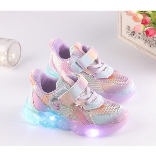 Disney Cartoons Frozen Elsa Childrens 2021 Luminous Sneakers Girls Kids Shoes For Tenis Infantil Led girls Glowing Sports Shoes