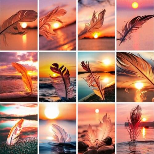 EverShine Diamond Mosaic Sunset Cross Stitch Art Painting Diamond Embroidery Feather Picture Rhinestones Landscape Home Decor