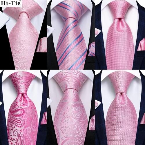 Hi-Tie Peach Pink Silk Wedding Tie For Men Solid Paisley Fashion Designer Quality Hanky Cufflink Gift Necktie Set Business Party