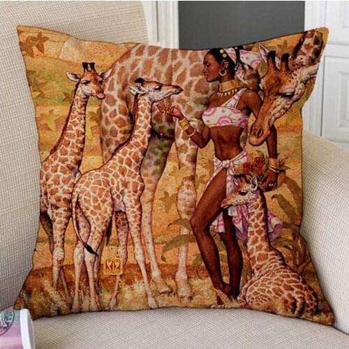 Oil Painting Sexy Girl Woman Wild Animals Art Home Decor Sofa Cushion Cover Vintage Retro Exotic Style Linen Sofa Throw Pillow