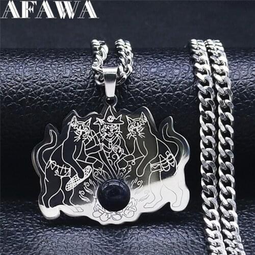 Witchcraft Herbal Medicine Cat Stainless Steel Natural Stone Necklaces Chain Silver Color Jewelry chaine acier inoxydable N2224S