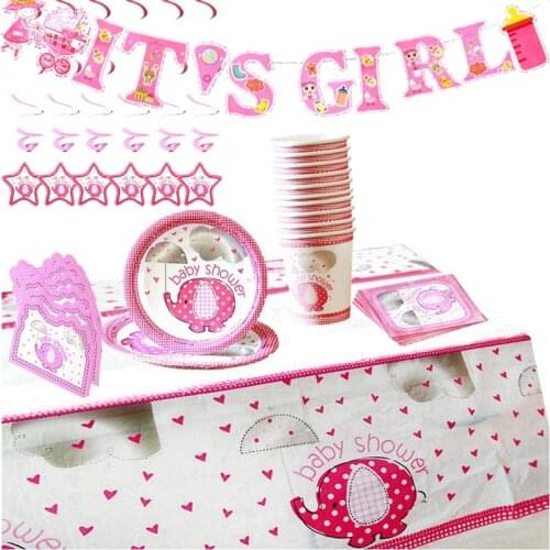 Pink Elephant Girl Disposable Tableware Set It is Girl Newborn Baby Shower Childs Gender Reveal Birthday Party Decoration Favor