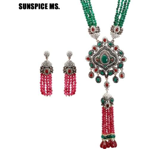 New Natural Stone Turkish Jewelry Sets Red Green Crystal Zircon Antique Bronze Color Exaggeration Bead Necklace Earrings 2018