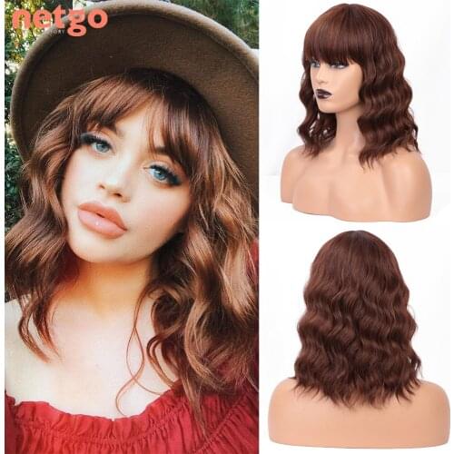 Netgo Short Bob Synthetic Wig With Bangs For Women Shoulder Length Brown Wine Red Wigs Heat Resistant Hair For Daily Party Wear