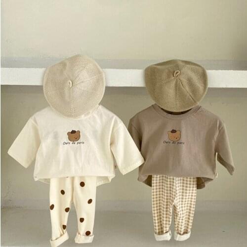 2021 Summer New Cotton Cartoon Bear Childrens T-shirt Boys And Girls Tee Baby Long Sleeve Loose Casual Tops Baby Clothing