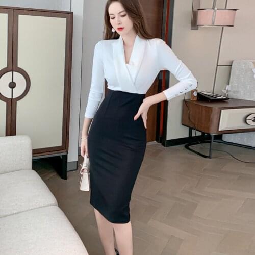 New arrival fashion spring autumn women korean v-neck stitching slim professional pencil dress temperament office lady dress