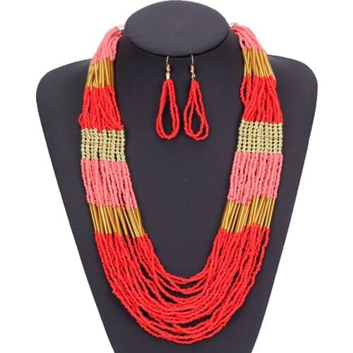 New Boho Ethnic Mult Llayer Beads Necklace Earrings Set For Women Classic Fashion Bohemian Jewelry Sets Mujer Duftgold