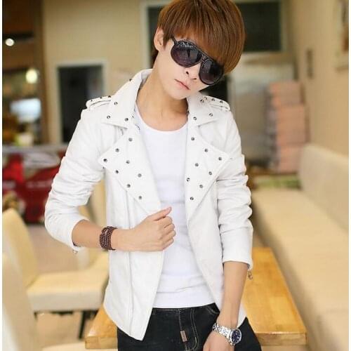 Teenage casual outerwear male costume personality rivet leather jackets mens slim oblique zipper short pu coat mens design
