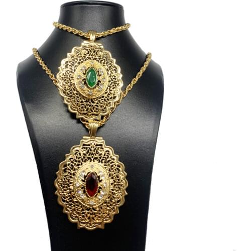 Lavish Algerian Wedding Jewelry with Womens Earrings Necklace Cuff with Gold Hollow Bracelet Arab Gold Bride Gift