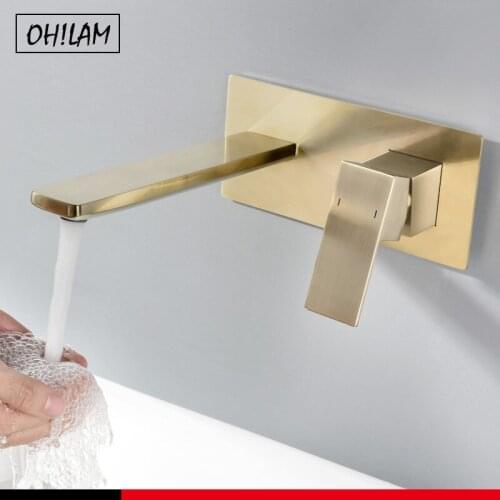 Luxury Wall Mount Bathroom Sink Faucet Brush Gold Single Handle High Quality Square Brass Basin Mixer Taps Bathtub Faucet
