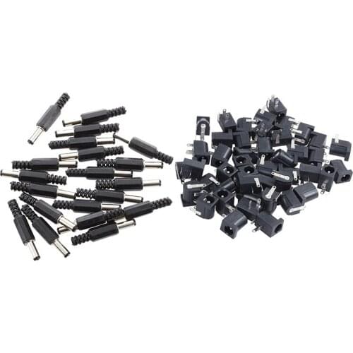 20 Pcs Black 2.5mm x 5.5mm DC Power Male Plug Jack & 45 Pcs DC Power Jack Socket 2.1mm x 5.5mm Barrel-Type PCB Mount