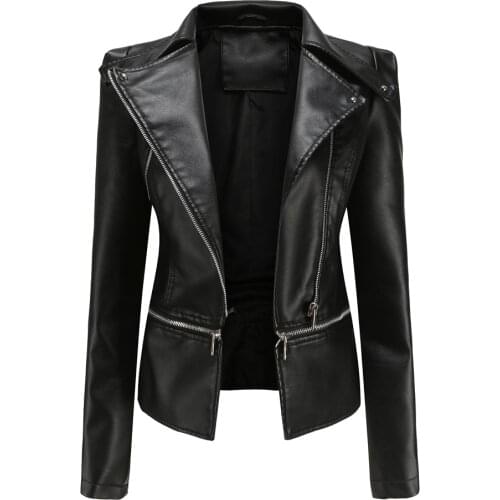 Loose Fit Big Size Asymmetrical Pu Leather Jacket New Lapel Long Sleeve Women Coat Fashion Spring Autumn 2021