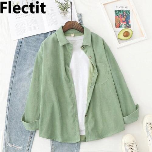 Flectit Thick Corduroy Shirt Long Sleeve Collared Front Pocket Button-Down Shirt Women Tops 2021 Spring Autumn Casual Outfit