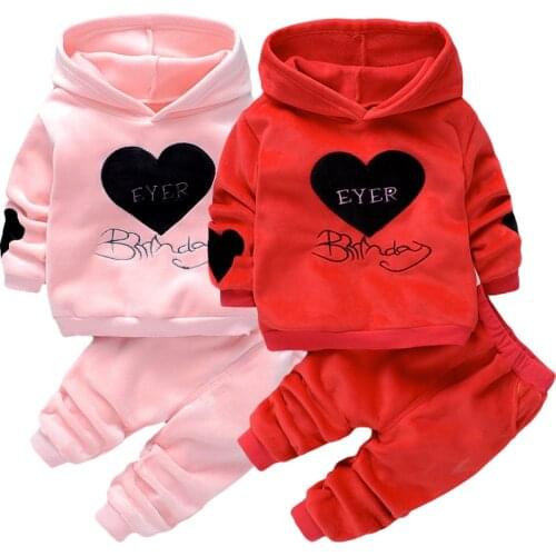 Spring Autumn Baby Girl Clothing Set Kids Tracksuit Plus velvet Hooded Printed T-shirt+Casual Pants 2PCS Children Clothes Suit
