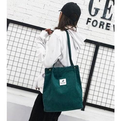 High Capacity Women Corduroy Tote Ladies Casual Solid Color Shoulder Bag Foldable Reusable Women Shopping Beach Bag