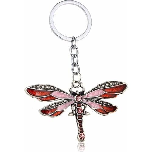Bohemia Enamel Crystal Red Dragonfly Keychains Boho Animals Keyrings Key Chains Rings Charm Bags Keyfob Women Girl Jewelry Gifts