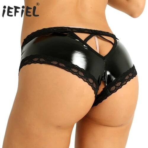 Womens Ladies Sexy Lingerie Panties Wetlook Leather latex Open Crotch PVC Crotchless Mini Briefs Shorts knickers Underwear